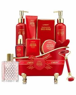 Lovery Luxe 11pc Red Rose Bath And Body Set With Perfume, Jade Roller, Gua Sha & More Women
