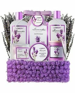 Lovery Lavender Bath And Body 15pc Gift Basket, Home Spa Kit In Handmade Basket Women