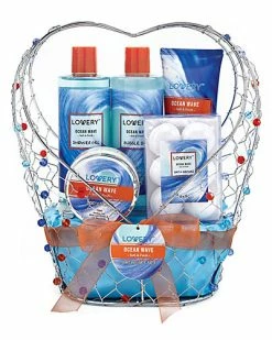 Lovery Home Spa Gift Baskets - Ocean Wave In Heart Jeweled Holder - 11Pc Women